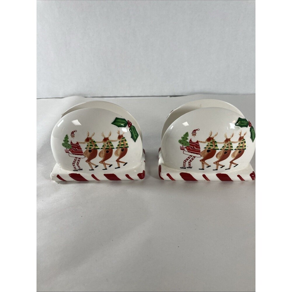 Collections Santa Reindeer Napkin Holder Set Of 2 Holly Tree Candy Cane Vintage - Picture 2 of 11